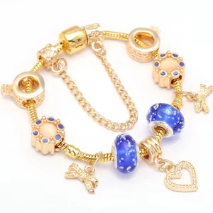 Goldlegierung Herz Schleife Charm Armband Mit Bunten Glaskugeln Blumenanhängern DIY Schlangenkette Armband Für Damen Geschenk