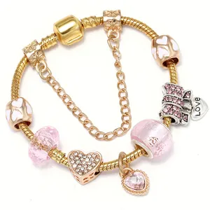 Gold Legierung Charme Armband Herz Schlüssel Pfirsichherz Rosa Glasperlen Zirkonia Emaille Schlangenknochenkette Schmuck Valentinstag Geschenk Für Damen