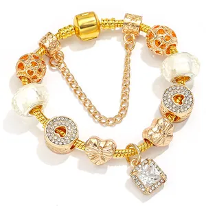 Fashion Women Gold Plated Alloy DIY Beaded Bracelet With Heart Charms Square Zirconia Pendant Snake Chain Jewelry Gift