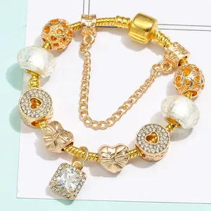 Luxurious gold-plated snake chain bracelet featuring heart charms and square zircon pendant