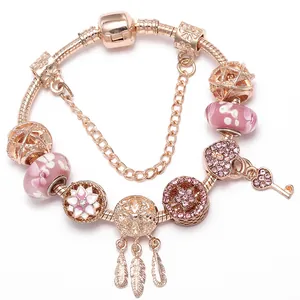Roségold Kirschblüte Anhänger Charm Armband Rosa Murano Glasperlen Herz Traumfänger Schlüssel Schlangenkette Schmuck Geschenk