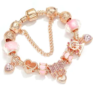 Bracelet À Breloques En Alliage Or Rose Cœur Rose Clé Grande Roue Pour Femme Bijoux Élégants Chaîne Serpent Cadeau