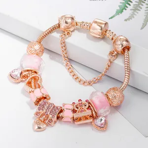 Bracelet à breloques DIY or rose avec perles en cœur roses et pendentif grande roue