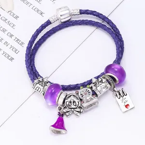 Lila doppelreihiges Lederarmband mit Riesenrad und Cartoon-Katzenanhänger für Damen