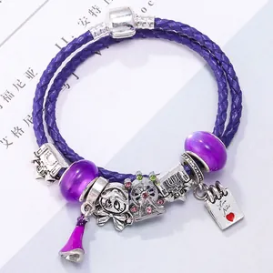 Lila Doppellagiges Gewebtes Kunstlederarmband Mit Legierung Riesenrad Schloss Katze Herz Charms DIY Schmuck Für Damen