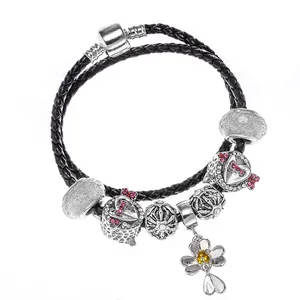 Braided leather double-layer bracelet with floral charms and heart pendants for women