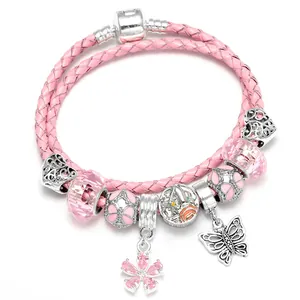 Pink Double Wrap Braided Leather Cord Bracelet With Butterfly Flower Heart Charms Alloy Crystal Beads For Women Jewelry