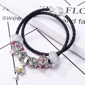 Woven Leather Charm Bracelet Heart Flower Alloy Charms Pink Red Rhinestones Double Layer Wrap Bracelet Women Fashion Jewelry