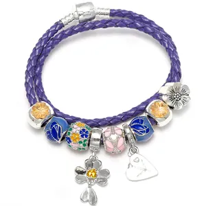 Women Daisy Heart Flower Enamel Charm Bracelet Woven Purple PU Leather Double Wrap Bracelet Fashion Jewelry Accessory Gift