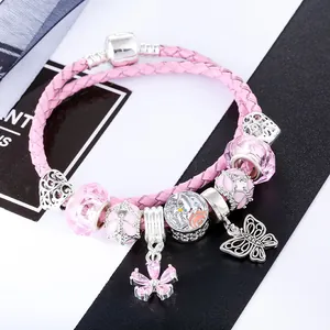 Pink double-woven leather bracelet with silver butterfly charms and glass beads