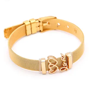 Bracelet en maille d'acier doré de 10 mm avec breloque cœur et Love, style montre réglable