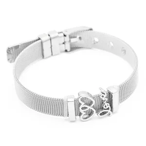 10mm Silbernes Edelstahl-Mesh-Armband mit Herzanhängern und Love-Schriftzug