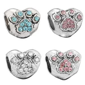 Alloy Heart Paw Print Charm Bead Rhinestone Inlaid Antique Silver DIY Jewelry Accessories For Bracelet Necklace Making Pet Lover Gift