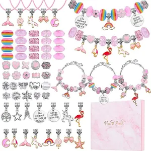 Mädchen DIY Perlen Schmuck Armband Halskette Herstellung Perlen Und Anhänger Einhorn Flamingo Sammlung Rosa Geschenkbox Kinder Lernspielzeug