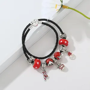 Black double-layer braided leather Christmas bracelet with Santa and candy cane charms