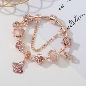 Luxury rose gold beaded bracelet with pink crystal heart lock and crown charms