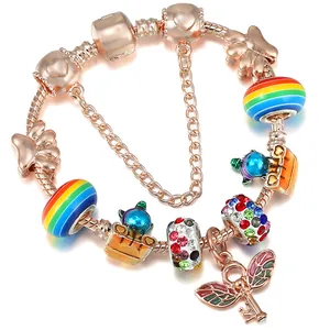 Women DIY Charm Bracelet Rose Gold Plated Alloy Multicolor Unicorn Heart Key Pendant Snake Chain Bracelet For Girls Kids Jewelry