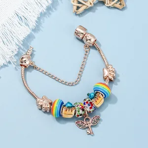 Rose gold snake chain bracelet with rainbow beads and angel wing key charm