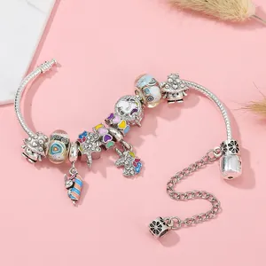 Colorful unicorn beaded charm bracelet with silver snake chain for girls
