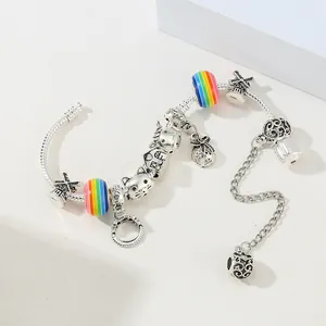 DIY charm bracelet with rainbow beads and crown pendants for women and kids