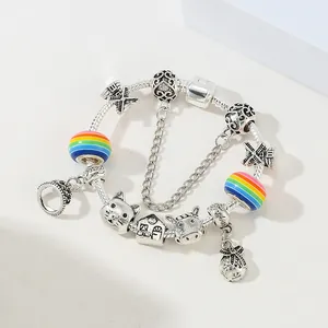 DIY colorful beaded charm bracelet with crown pendant and rainbow enamel beads for women