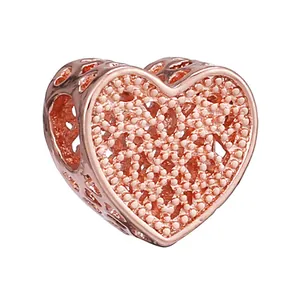 Rose gold hollow heart charm with textured bead surface for DIY snake chain bracelets