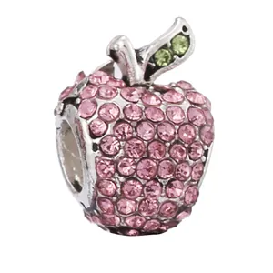 Pink crystal apple charm bead in silver finish for DIY charm bracelets and necklaces