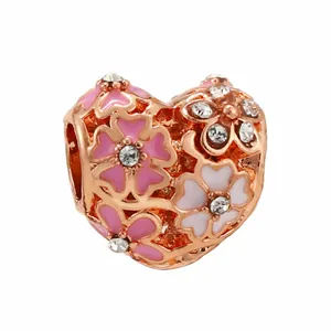 Rose gold heart charm with pink enamel flowers and zircons for DIY bracelets