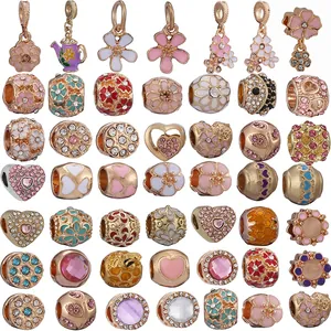 DIY Charms For Bracelet Rose Gold Plated Alloy Beads With Enamel Flower Heart Rhinestone Pendant Jewelry Accessories For Women