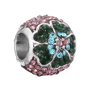 Charme floral serti de cristaux colorés pour bracelets DIY en finition argentée