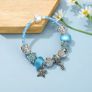 Bracelet à breloques océan bleu avec étoile de mer, tortue et perles cristal en S925