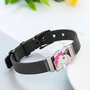 Detail of black stainless steel mesh bracelet with cute unicorn charm and pin buckle
