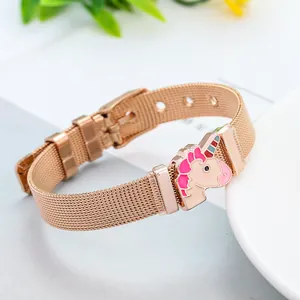 Detailed view of rose gold mesh keeper bracelet with colorful unicorn charm and buckle