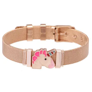 Rose gold stainless steel mesh bracelet with unicorn charm and adjustable watch buckle