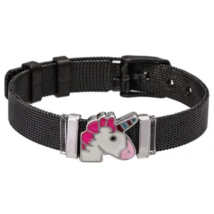 Black mesh stainless steel bracelet featuring a colorful enamel unicorn charm for kids