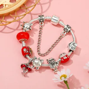 Silver snake chain bracelet with red fortune bag charms and cute cat pendant charms