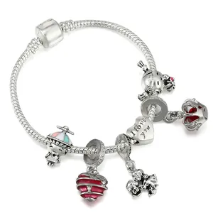Bracciale con Ciondoli in Lega Placcato Argento Cuore Corona Pendenti in Smalto Catena a Serpente Romantica Gioielli San Valentino per Donna Ragazza