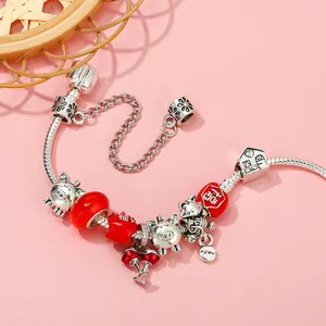 Silver snake chain bracelet with red beads, lucky cat charms and cherry pendant