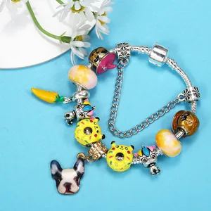 DIY colorful cartoon charm bracelet featuring unicorn doughnut and puppy pendants on silver snake chain
