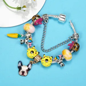Colorful unicorn doughnut and French Bulldog charm beaded bracelet on silver snake chain