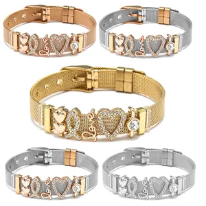 Bracciale Regolabile in Maglia di Acciaio Inossidabile Con Ciondoli a Forma di Cuore e Amore Cristallo Regalo Donna