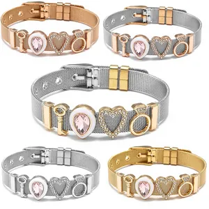 Verstellbares Edelstahl Maschenband Charme Armband Für Damen Herz Schlüssel Strass Anhänger Mode Schmuck Geschenk