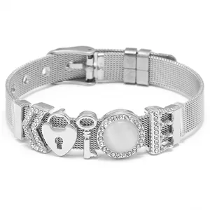10mm silver stainless steel mesh bracelet with LOVE charms and crystal crown details