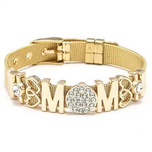 Roségoldenes Edelstahl-Mesh-Armband mit funkelndem MOM-Herz-Charm-Anhänger