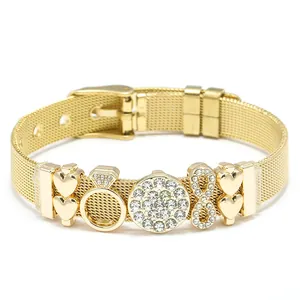 Adjustable golden stainless steel mesh bracelet with heart and rhinestone charms