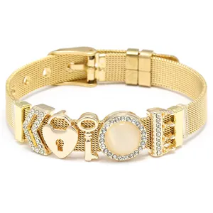 10mm golden stainless steel mesh bracelet with crystal heart lock and key charms