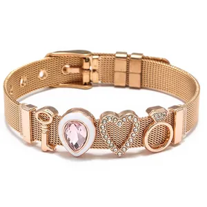 10mm Roségold Edelstahl-Netzarmband mit Herz- und Schlüsselanhängern für Damen