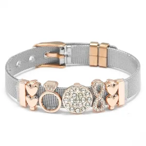 Adjustable 10mm silver stainless steel mesh bracelet with rose gold heart charms