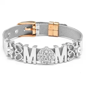 Silbernes Edelstahl-Mesh-Armband mit roségoldenen MOM-Schiebern und Herz-Akzenten