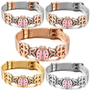 Edelstahl Geflecht Armband Mit Rosa Emaille Marienkäfer Schmetterling Vierblättriges Kleeblatt Anhänger Für Damen Mode Schmuck